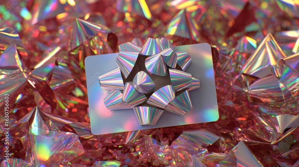 Poster sparkling gift card resting on colorful crystal shards with a vibrant bow in an artistic display of 
