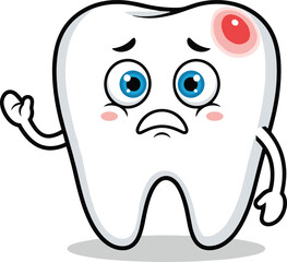 Cartoon tooth character, red and white cap, toothbrush in hand, friendly smile, big blue eyes, white enamel, cheerful pose, dental mascot, hygiene icon, isolated vector