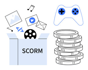 Box labeled SCORM releasing digital content, media files, and code. Game controller and coin stack highlight gaming and monetization. Ideal for e-learning, gaming, business, coding, development