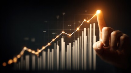 Digital graph showcasing growth trends with hand pointing at peak