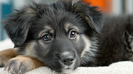 Cute puppy, dark fur, big eyes