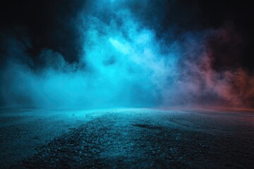 Dark space, smoky, vibrant blue and red lights on a textured floor