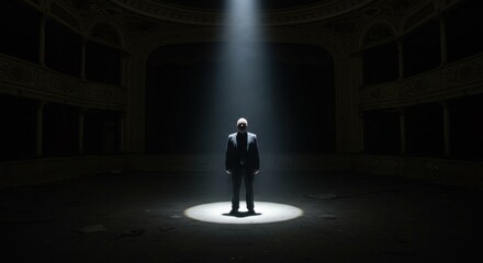 Man in spotlight, empty theatre