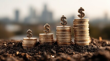 Growth of wealth illustrated by stacked coins and dollar symbols against a city skyline