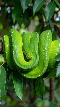 Green tree python coiled on branch