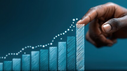 Growth metrics visualized with hand indicating progress on a blue background