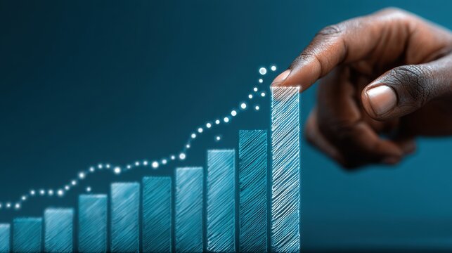 Growth metrics visualized with hand indicating progress on a blue background