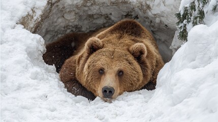 Fototapeta premium Brown bear resting in snowy den entrance during winter hibernation season in natural forest environment
