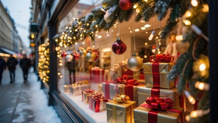 Holiday shop window with Christmas gifts, golden lights, decorated branches, and urban street scene. Festive atmosphere. Generative AI.