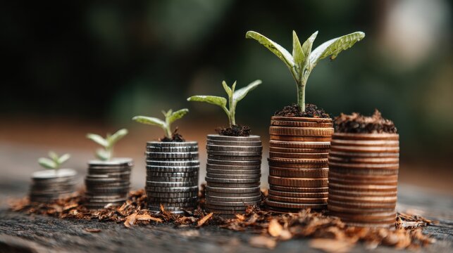 Growth of plants on coins symbolizes financial investment and sustainability practices