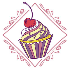 Vibrant flat icon of a delicious cupcake with a cherry topping