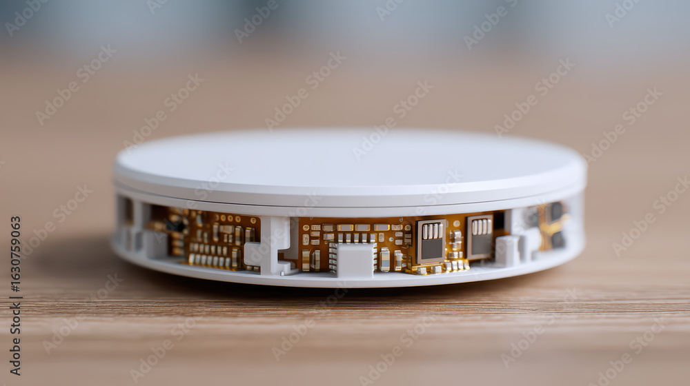 Poster a sleek, circular device showcasing intricate circuit patterns, set on a wooden surface, hinting at 