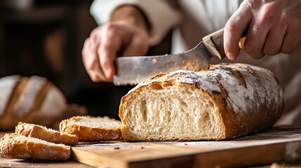 Hands holding a knife, slicing through a crusty homemade loaf of bread, revealing its soft interior.

