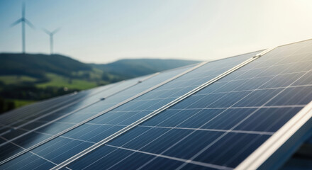 A modern solar panel array generating sustainable energy with wind turbines in the background, a promising sign for environmental conservation and green energy