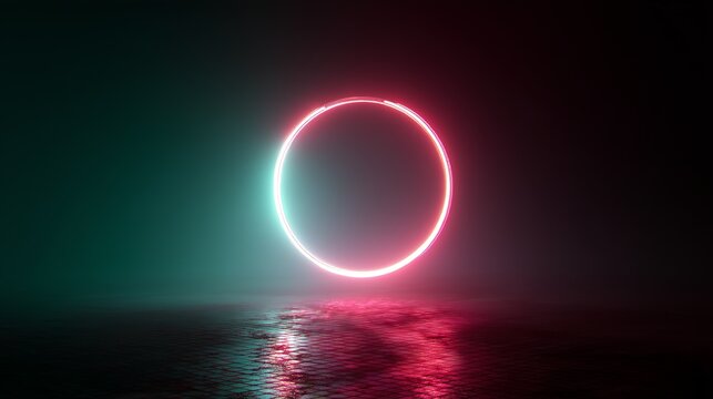 A vibrant pink and blue neon circle illuminates a dark, textured surface, creating a futuristic and mysterious atmosphere.