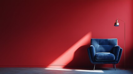 Stylish blue armchair with a floor lamp, casting shadows on a bold red wall in minimalist interior design.
