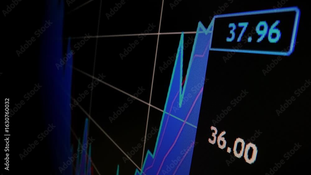 Poster closeup macro shot movement of stock graph displayed on led screen showing growth chart as economic 