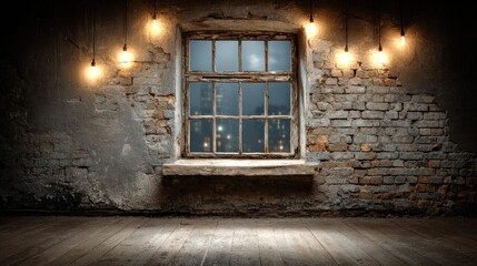 Dark room with window, brick wall, and Edison bulbs