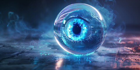 Glowing blue eye inside transparent orb with mist
