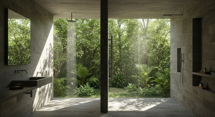 Modern bathroom with tropical garden view