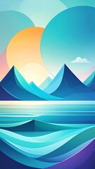 Colorful abstract landscape with mountains, sun, and water
