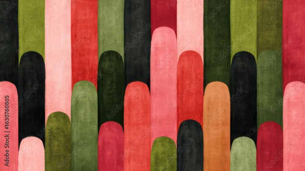 Poster a colorful abstract pattern featuring arches and stripes in various hues, creating a vibrant and mod