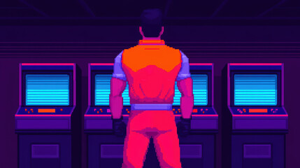 A vibrant, retro-style scene featuring a character facing arcade machines, evoking nostalgia and the classic gaming era.
