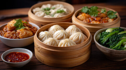 A vibrant assortment of dumplings, meats, and greens in bamboo steamers, showcasing a delicious spread of Asian cuisine.