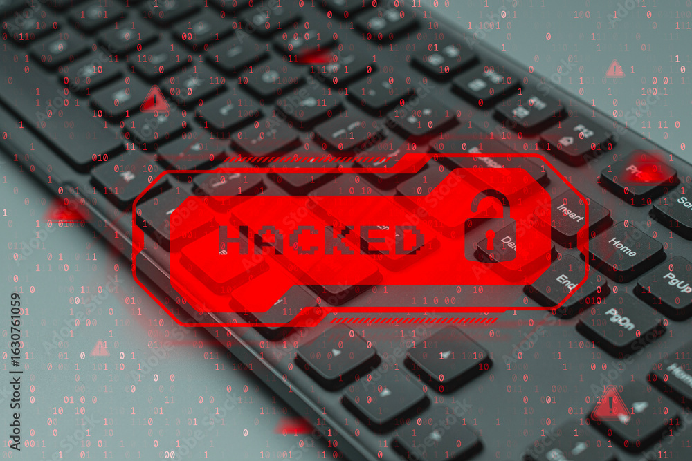 Poster cybersecurity breach warning with red hacked alert on computer keyboard background. concept of cyber