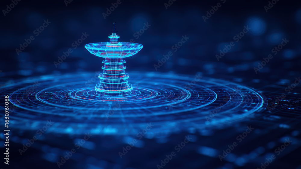 Aufkleber a digital representation of a futuristic fountain, featuring a glowing, layered structure amidst a n