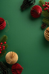 Holiday vertical decorations featuring red and gold ornaments, green pine accents, and berries on a...