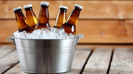 A bucket full of beer and ice with six bottles of beer in it