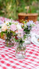 Obraz premium Floral Mason Jar Centerpieces on Red and White Checkered Picnic Blanket in Sunlight