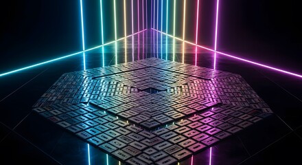 Futuristic digital platform with vibrant neon light grid. Abstract tech background with glowing lines and reflections in dark space.