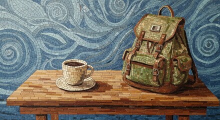 Mosaic still life of coffee and backpack