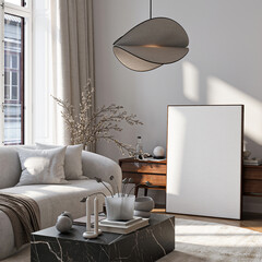 Modern Living Room Poster Frame Mockup with Natural Light and Minimalist Decoration. 3D render.