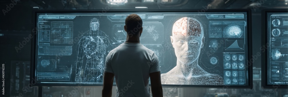 Poster advanced technology used in exploring human anatomy and artificial intelligence in a futuristic labo