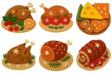 Set of Scandinavian felt Christmas decor feast meats – roast turkey, glazed ham, meat roulade & cheese platter – handmade wool-felt applique icons, isolated 