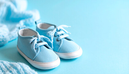 Tiny baby shoes on light blue surface, newborn concept, minimal style