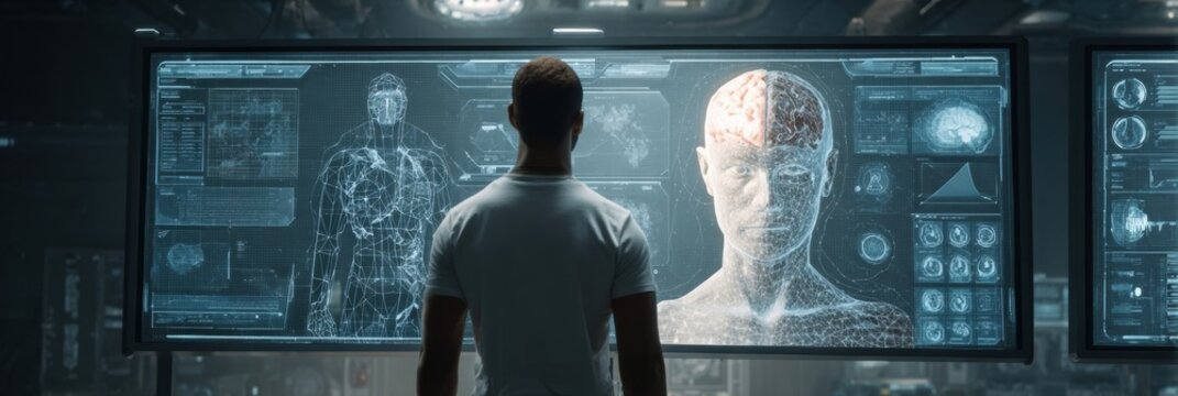 Advanced Technology Used in Exploring Human Anatomy and Artificial Intelligence in a Futuristic Laboratory Setting