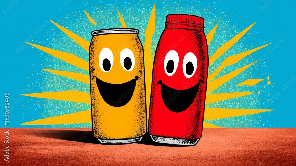 Poster two smiling cans of soda, one orange and one red. the orange can is smiling with its mouth open, whi