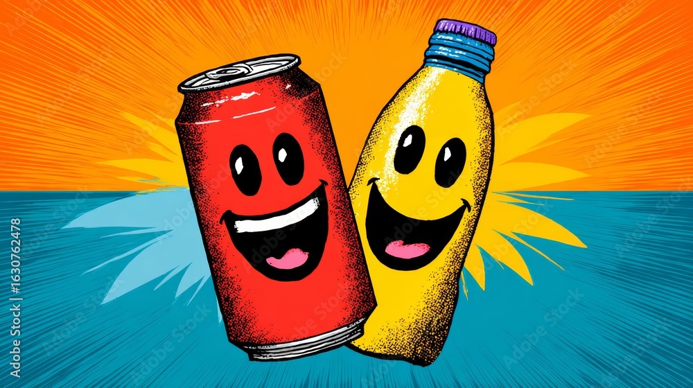 Poster a cartoon of a can of soda and a bottle of juice with a smiling face on each. scene is lighthearted 