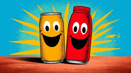 Obraz premium Two smiling cans of soda, one orange and one red. The orange can is smiling with its mouth open, while the red can is smiling with its mouth closed. The image has a playful and cheerful mood