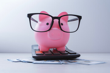 Pink piggy bank wearing glasses on top of a black calculator with dollar bills. Concept financial...
