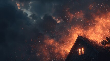 Destructive fire engulfs a house while flames and smoke ascend into the darkened sky