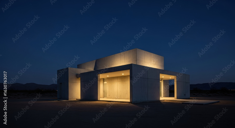 Aufkleber a modern building illuminated against a dark sky. the architecture has clean lines and is lit up in 