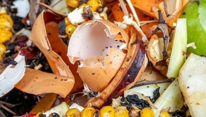 Close Up of Food Waste Including Eggshells and Corn Cob for Composting with Soil