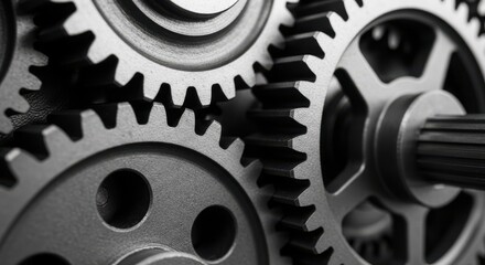 Close up macro view of interlocking metal gears in black and white