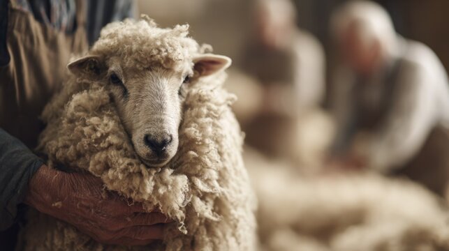 Medium shot highlighting a farmer holding a freshly shorn sheep gently the crisp fleece in sharp detail while cooperative team members sorting wool are softly out of focus nearby.