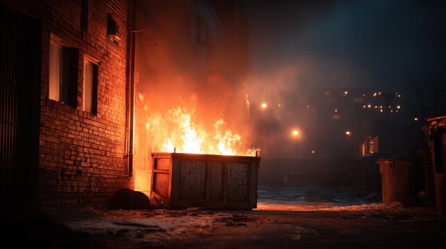 Blaze engulfing dumpster in a dark alley at night during winter